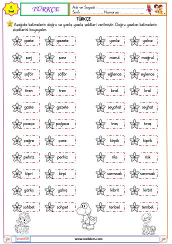 2. Sınıf Türkçe Yanlış Yazılan Kelimeler Etkinliği 1